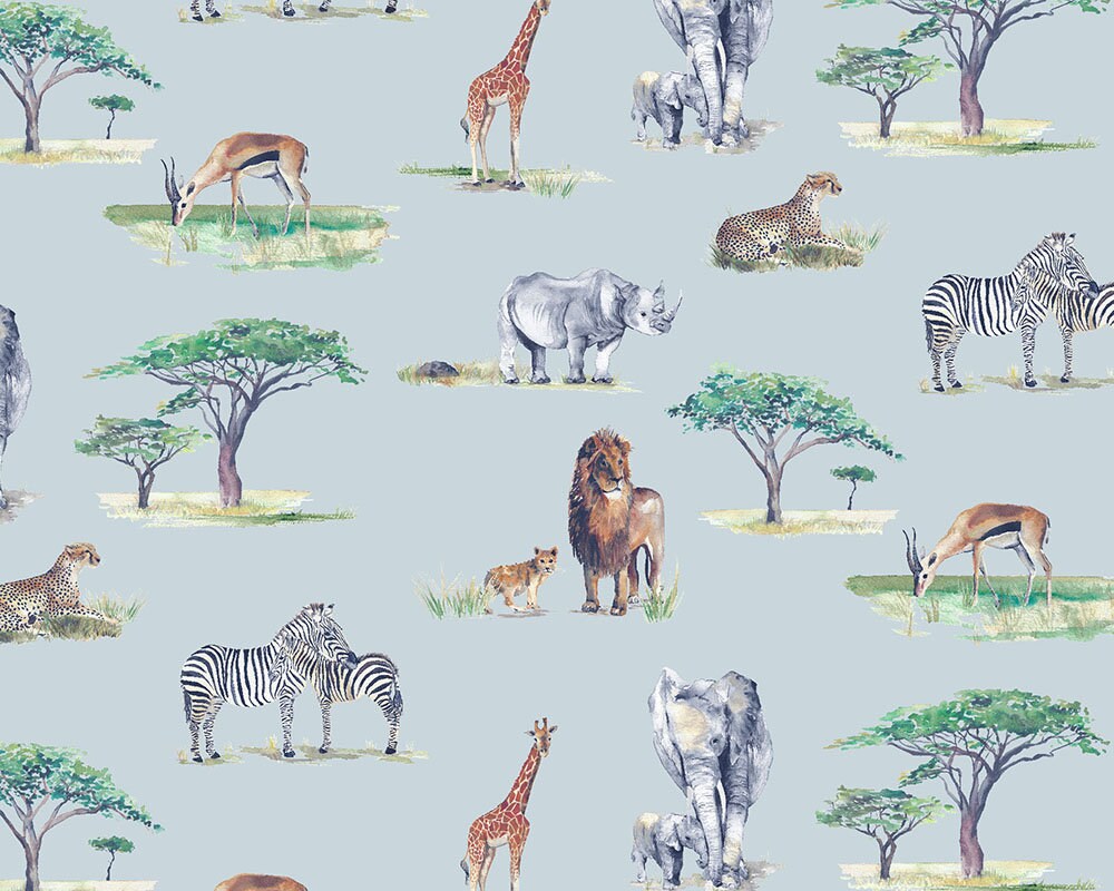 Safari Animals Hand Designed Children's Wallpaper in Blue, Cream and Grey