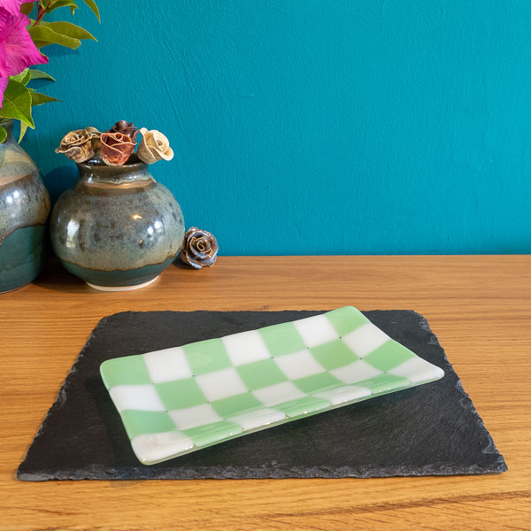 Chequered White and Colour Large Fused Glass Tray 21x12cm
