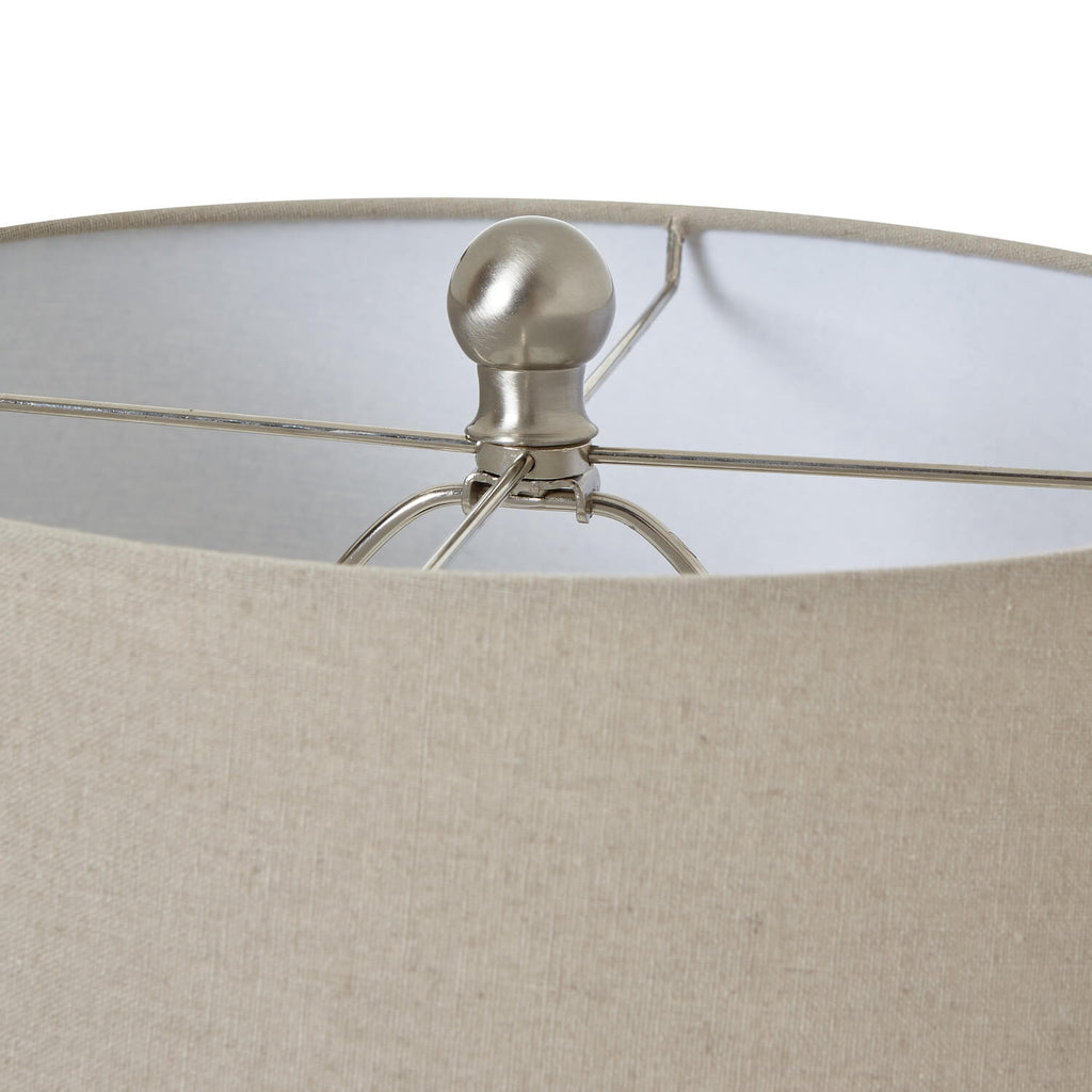 White ceramic ginger jar lamp with diamond detailing and crisp linen shade, elegant home decor accent by Sostter at brixbailey.com