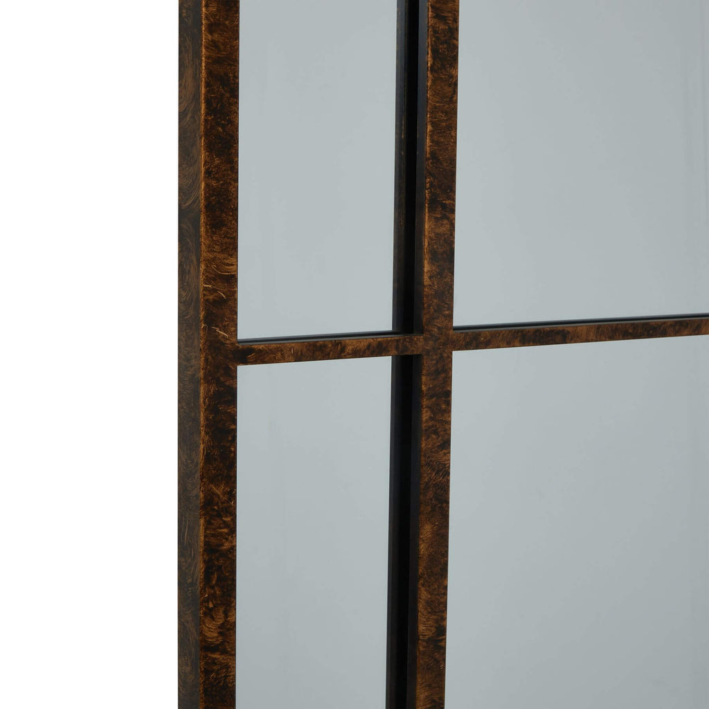 Rustic arched mirror with brown patina finish, 200cm tall, solid wood frame, vintage decor statement piece by RoomLondon at brixbailey.com