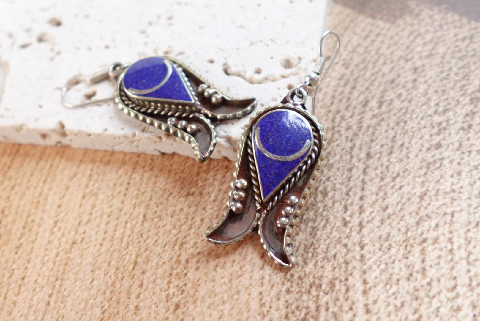 Moonlit Lapis Drop Earrings in Antique Silver