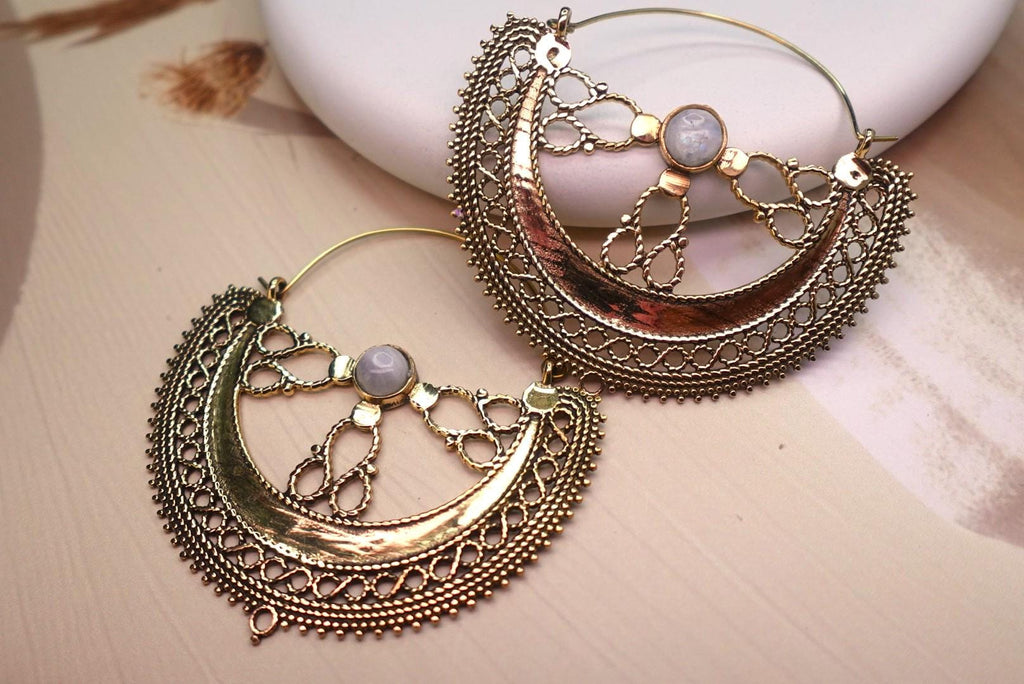 Filigree Crescent Moon Earrings with Gemstone