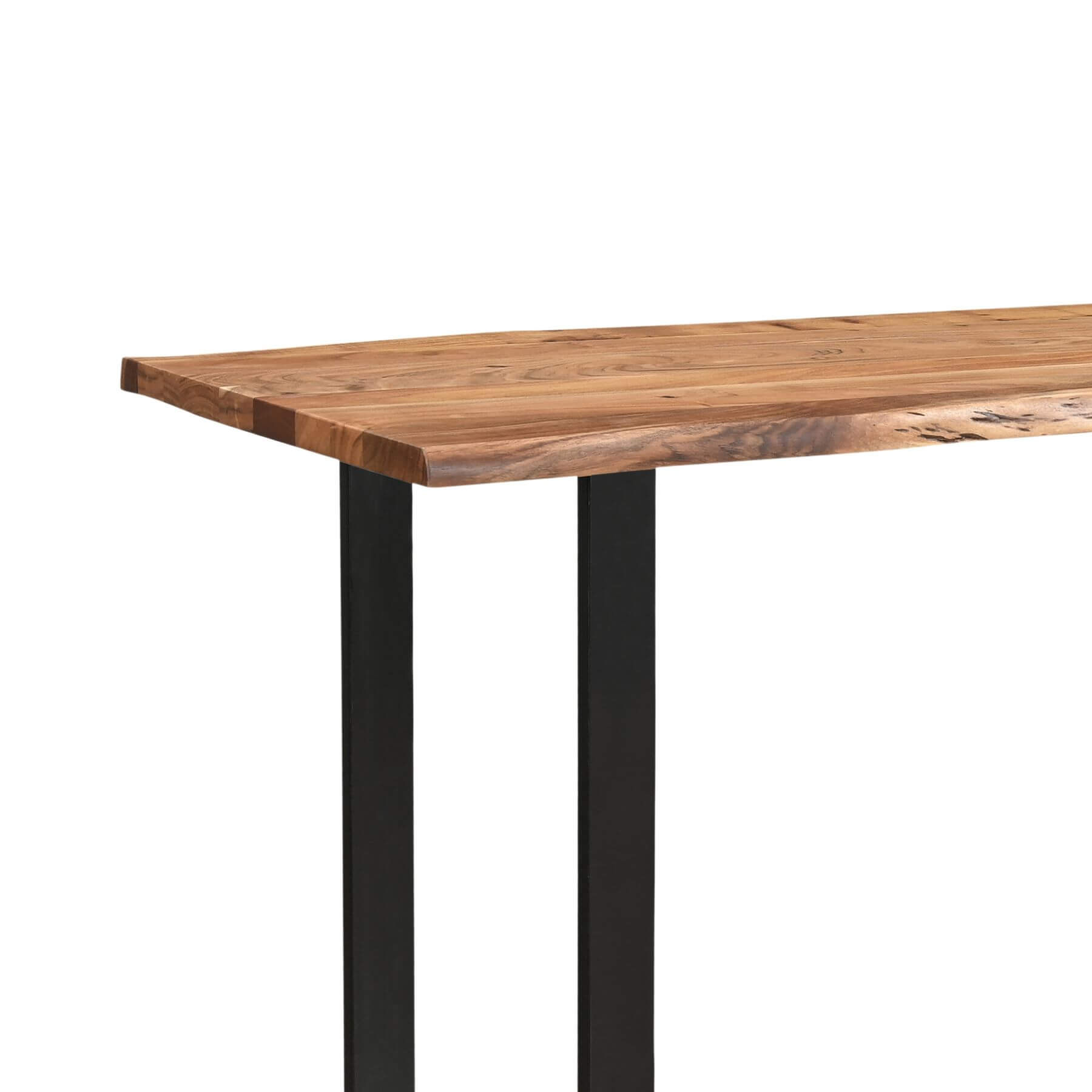 Live edge acacia wood bar table with black metal base, showcasing natural grain in modern rustic style. by RoomLondon at brixbailey.com