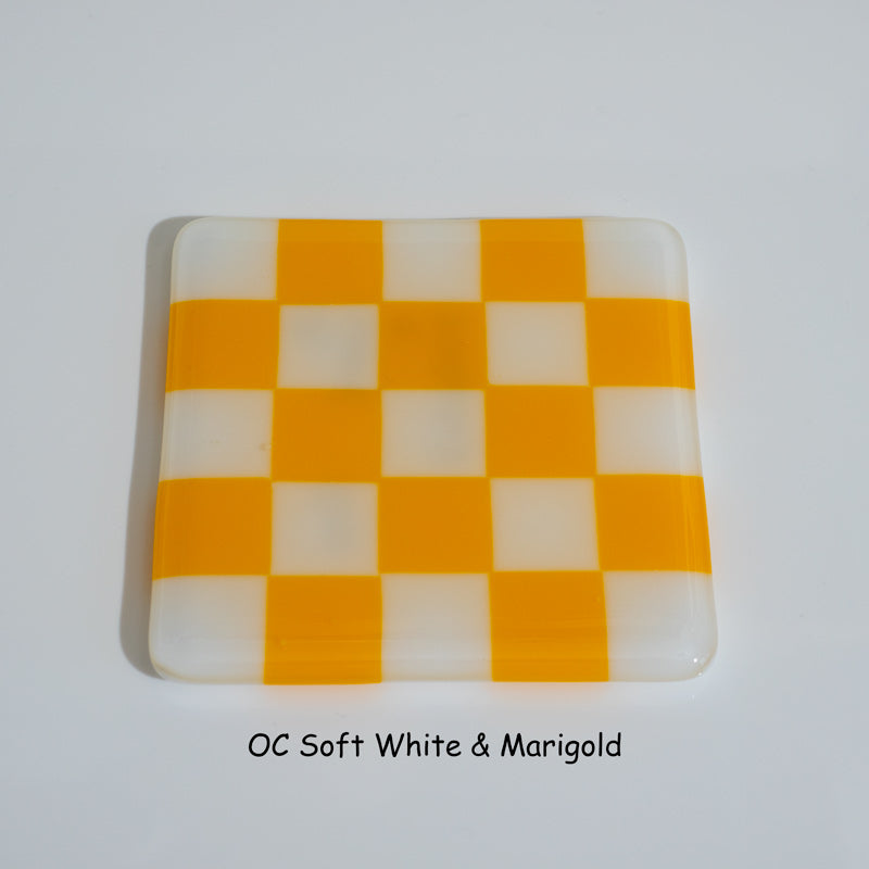 10cm Chequered Soft White Fused Glass Coaster