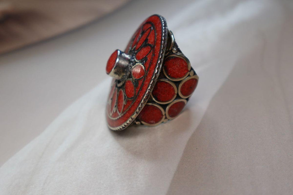 Boho Mandala Statement Ring in Turquoise, Coral and Lapis