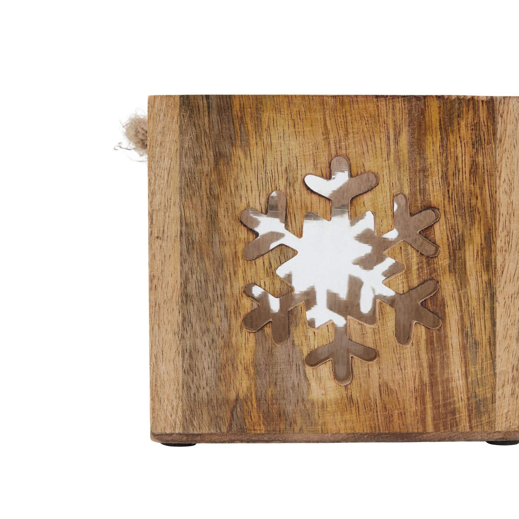Handcrafted wooden snowflake tealight holder with glass insert, warm brown rustic decor for winter ambiance by RoomLondon at brixbailey.com
