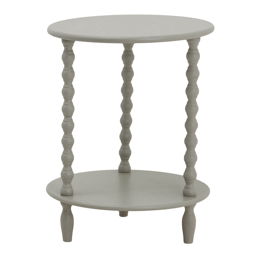 Grey circular wood accent table with modern design, 60cm height, perfect for living rooms or bedrooms. by Sostter at brixbailey.com