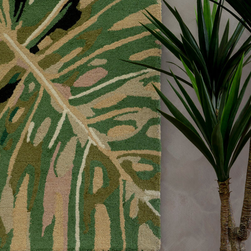 Green Rug with Hand Tufted Floral Design