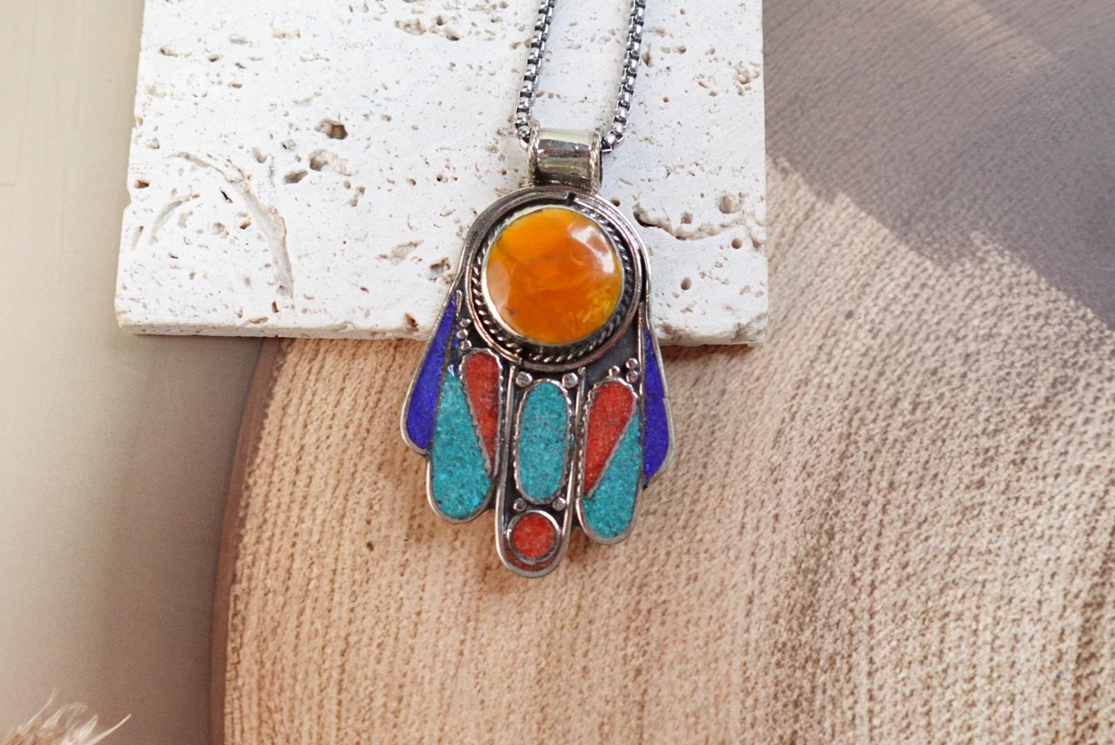 Hamsa Pendant with Amber, Lapis, Turquoise and Coral Stone