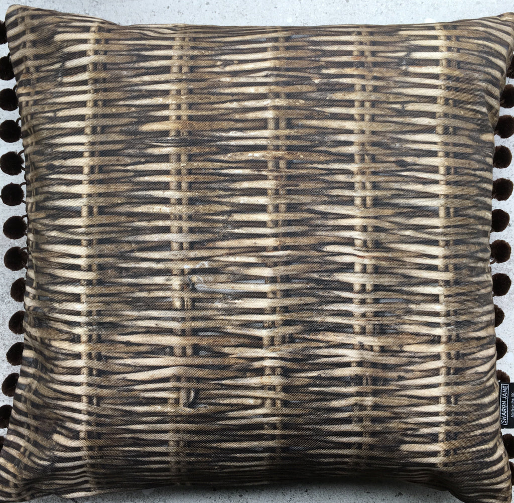 Willow Print Cushion with Velvet Pom Poms