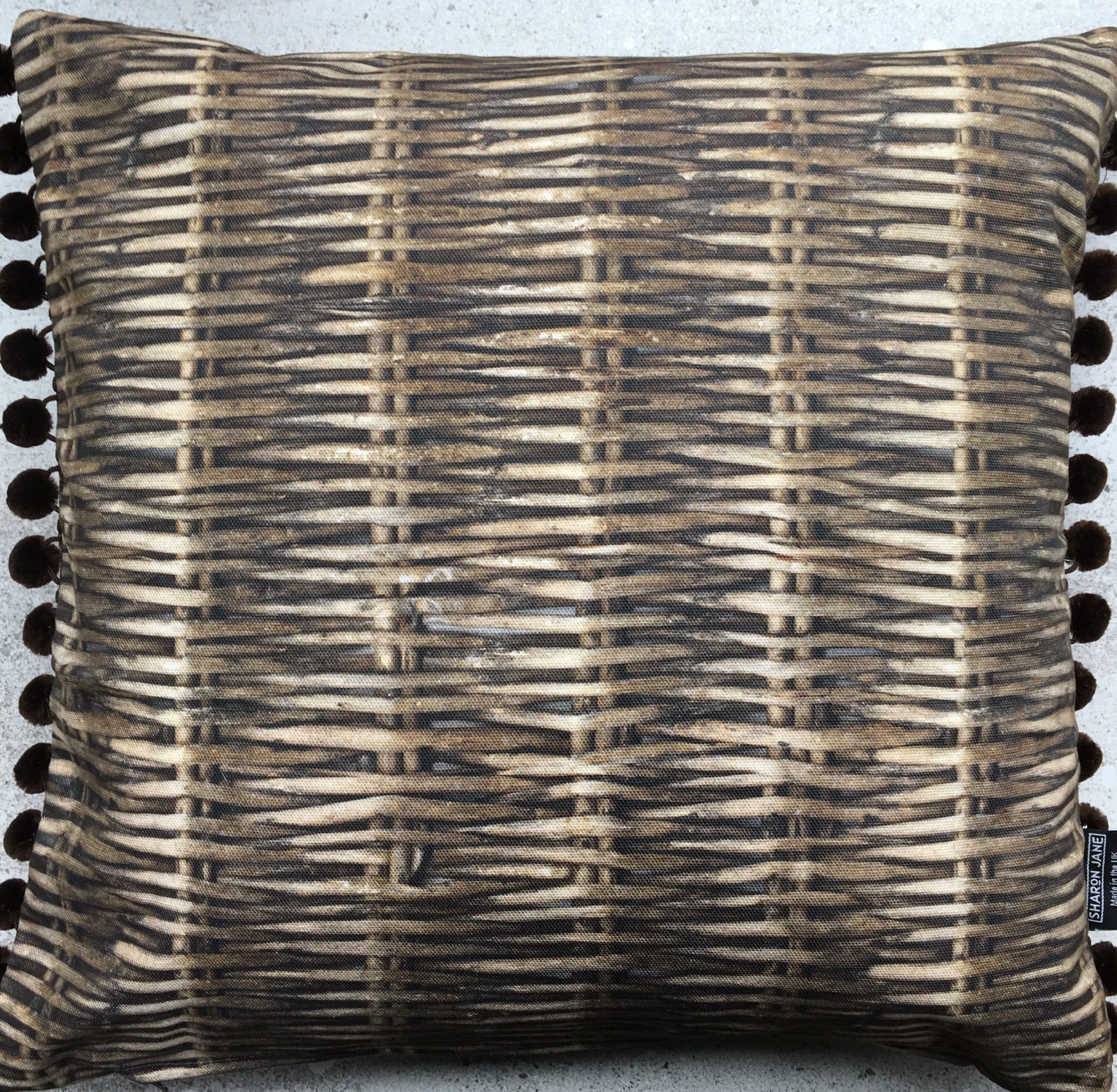 Willow Print Cushion with Velvet Pom Poms