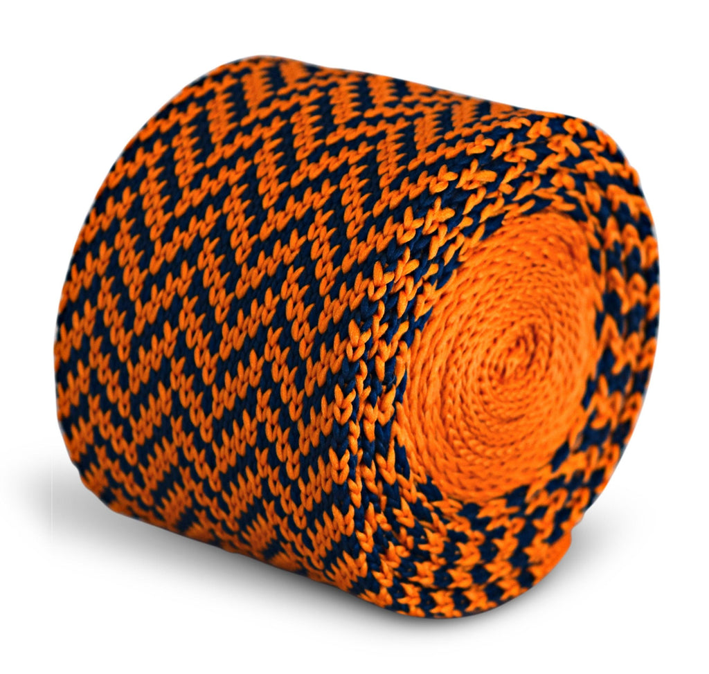 Navy Blue and Orange Herringbone Knitted Tie