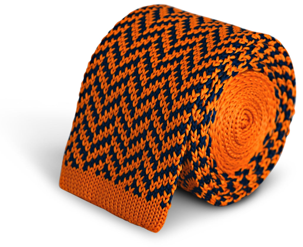Navy Blue and Orange Herringbone Knitted Tie