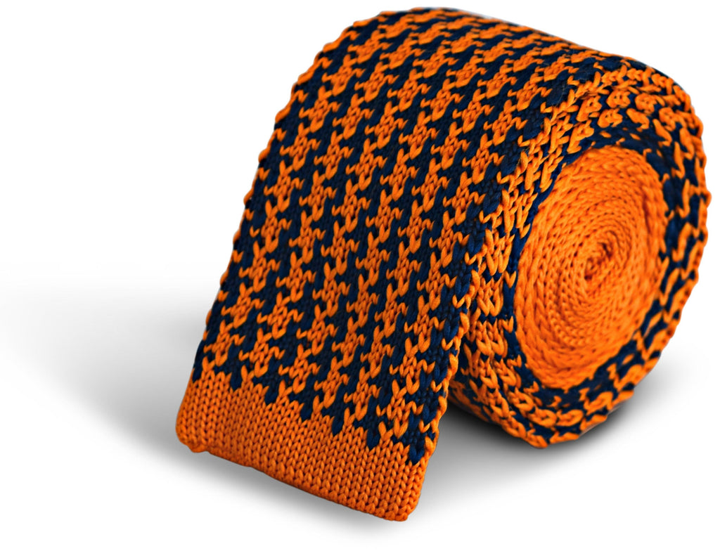 Navy and Orange Dogtooth Knitted Tie