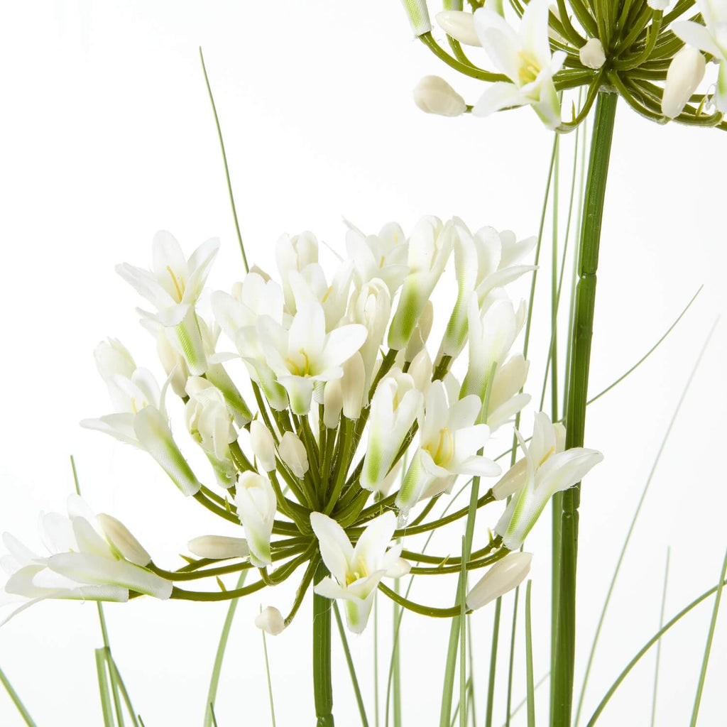 Lifelike white Agapanthus artificial flower arrangement in black pot, 35-inch tall faux African Lilies with green stems by sostter at brixbailey.com