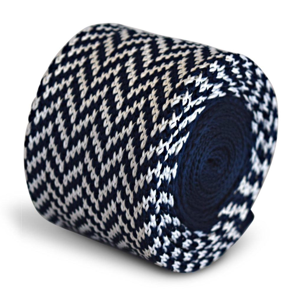 Navy Blue and White Herringbone Knitted Tie