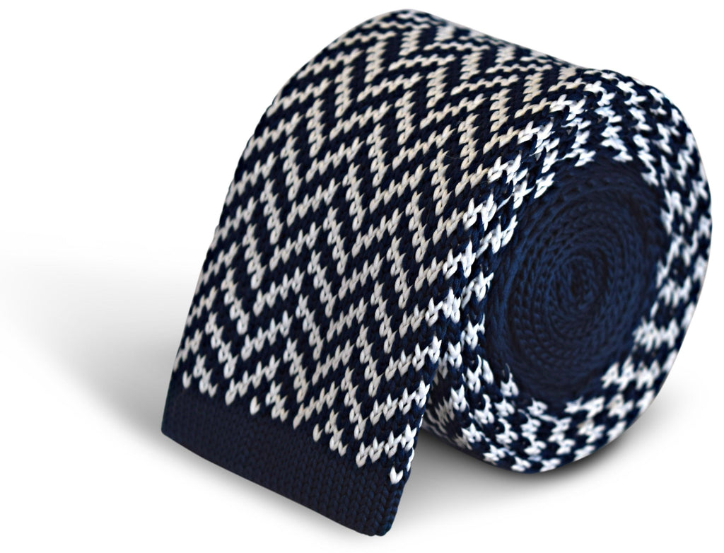 Navy Blue and White Herringbone Knitted Tie