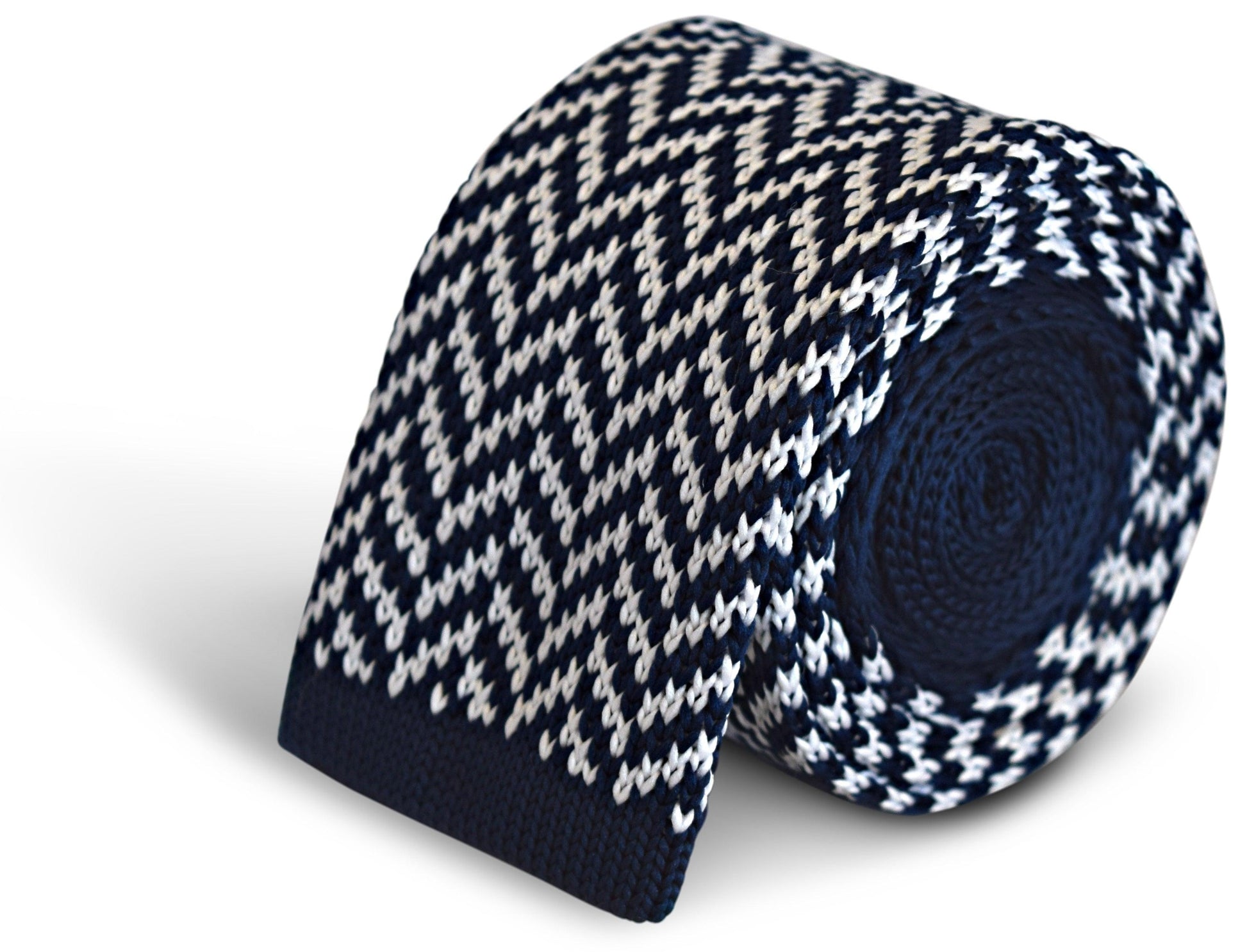 Navy Blue and White Herringbone Knitted Tie