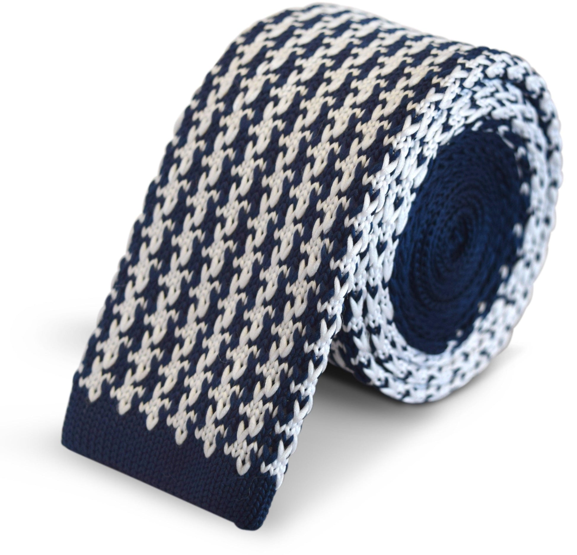 Navy Blue and White Dogstooth Knitted Tie