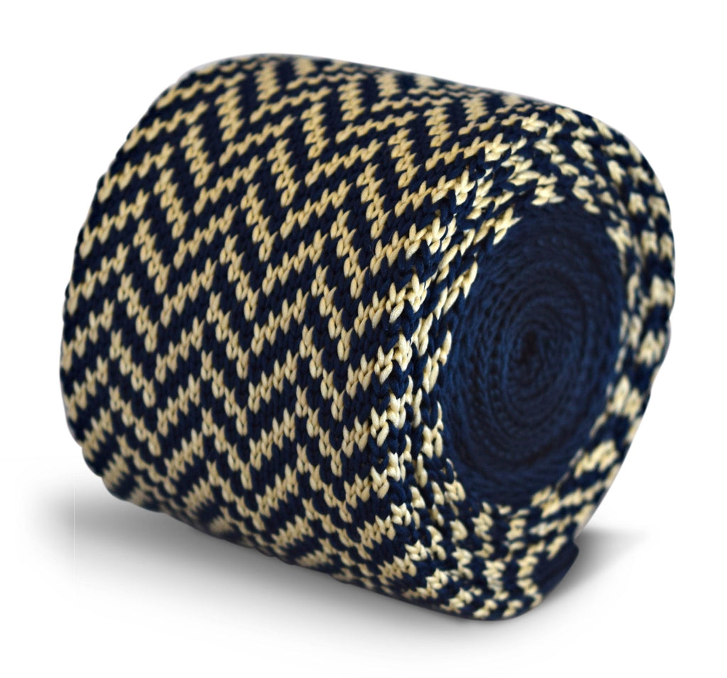Navy Blue and Ivory Cream Herringbone Knitted Tie