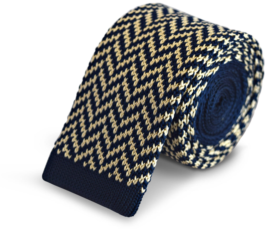 Navy Blue and Ivory Cream Herringbone Knitted Tie