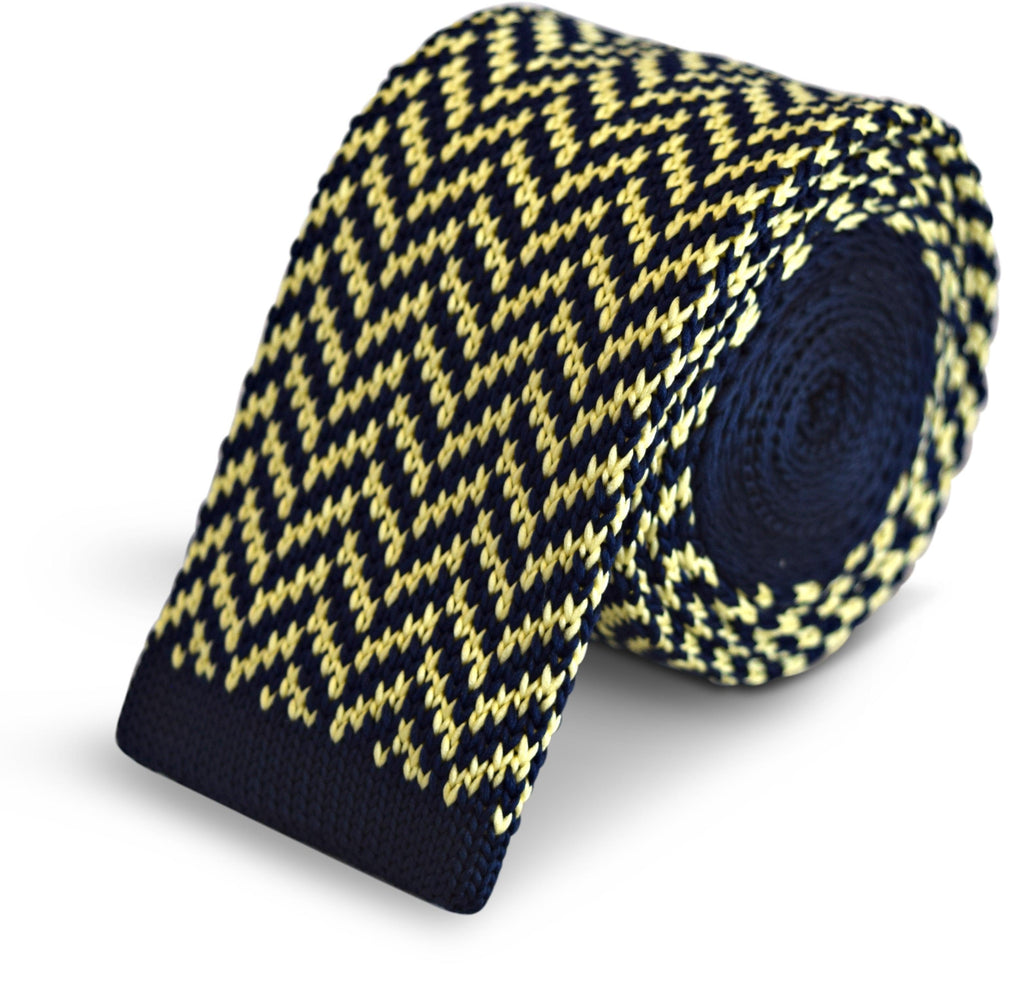 Navy Blue and Yellow Herringbone Knitted Tie