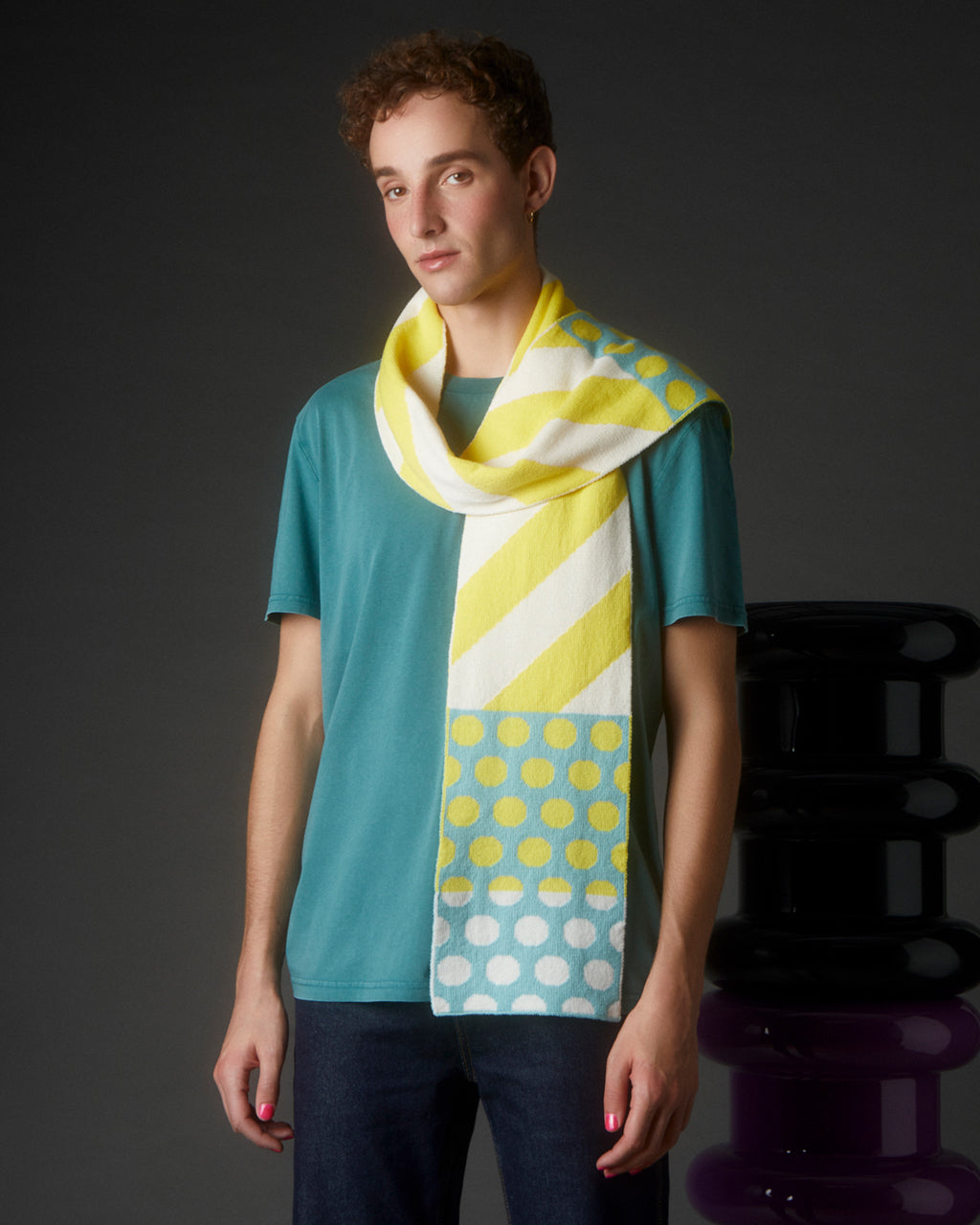 Stripes and Circles Wool Cashmere Scarf in Yellow