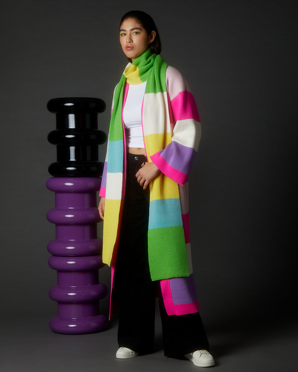 Multicolour Striped Long Cardigan in Wool and Cashmere