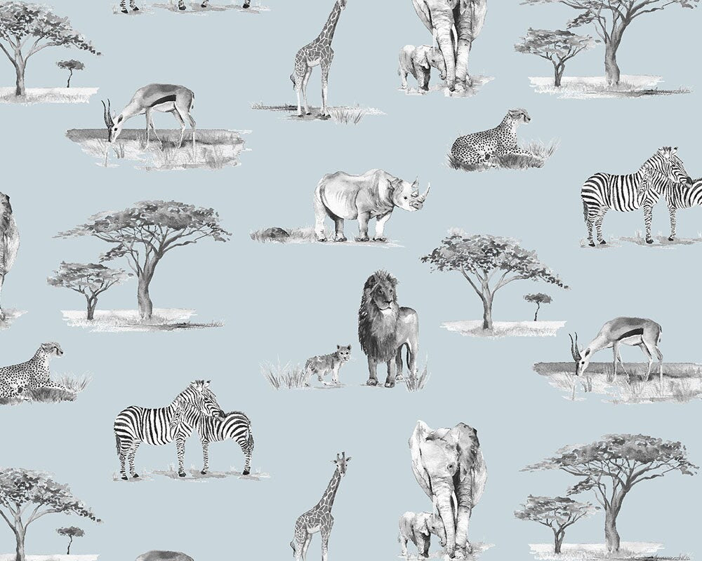 Safari Animals Hand Designed Children's Wallpaper in Blue, Cream and Grey