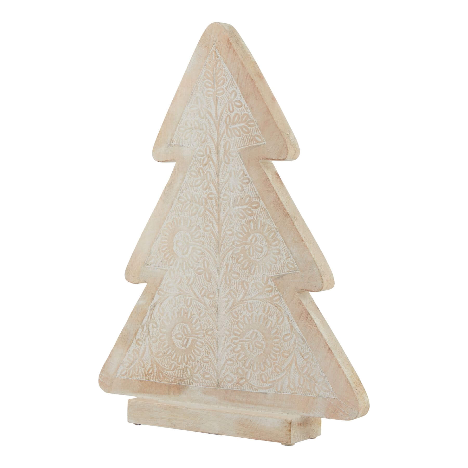 Handcrafted white-washed wooden decorative tree with intricate carvings, perfect for modern farmhouse or Scandinavian interiors. by sostter at brixbailey.com