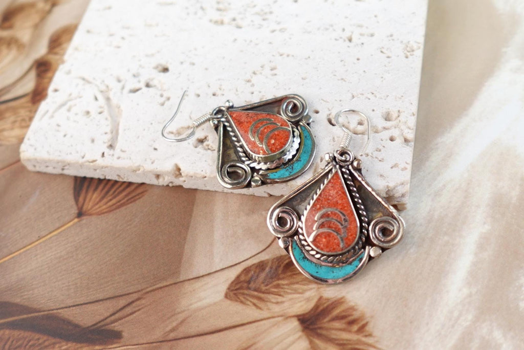 Turquoise and Coral Boho Drop Earrings