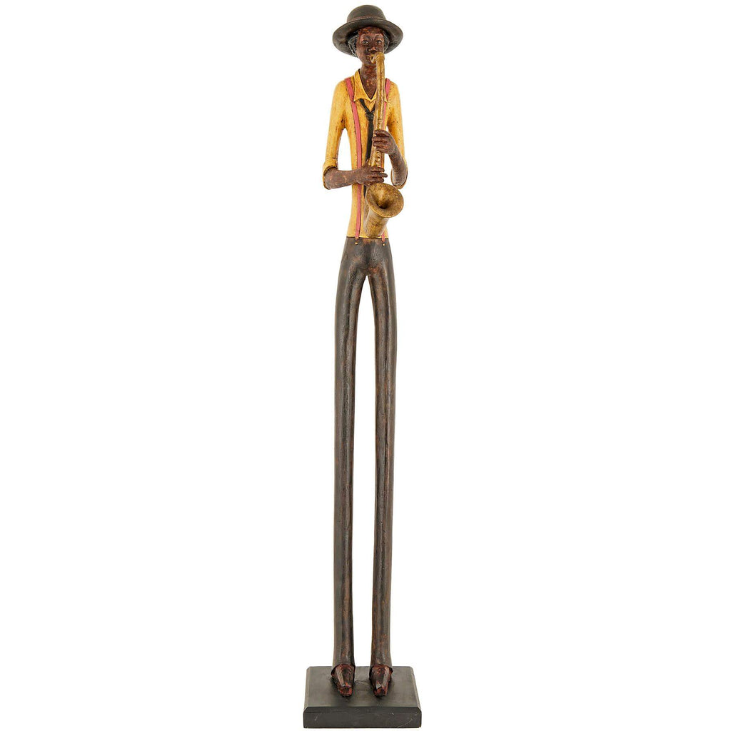 Bronze and gold saxophonist sculpture, modernist jazz musician decor for home or office  

*(98 characters)*  

- **Keywords included:** bronze, gold, saxophonist sculpture, modernist, jazz musician, decor, home, office  
- **Clear description:** Visually describes the metallic finish, subject (jazz musician), and purpose (decor)  
- **SEO & accessibility optimized:** Concise yet detailed for screen readers while including search-friendly terms by sostter at brixbailey.com