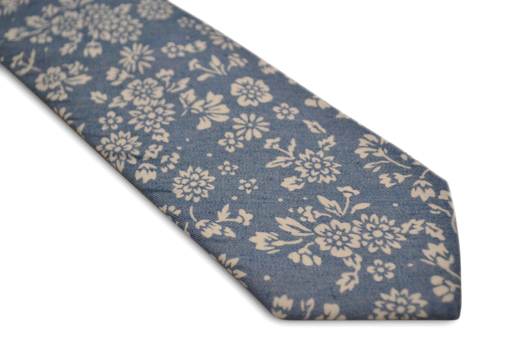 Medium Blue and White Flower Cotton Tie