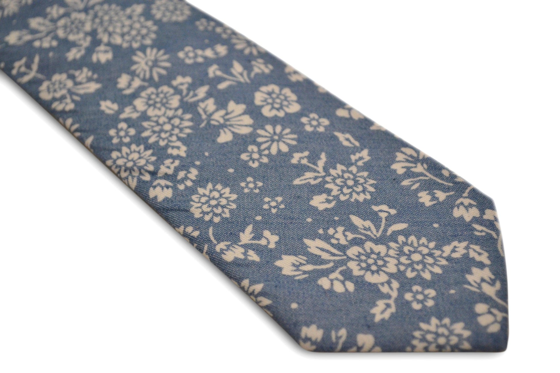 Medium Blue and White Flower Cotton Tie
