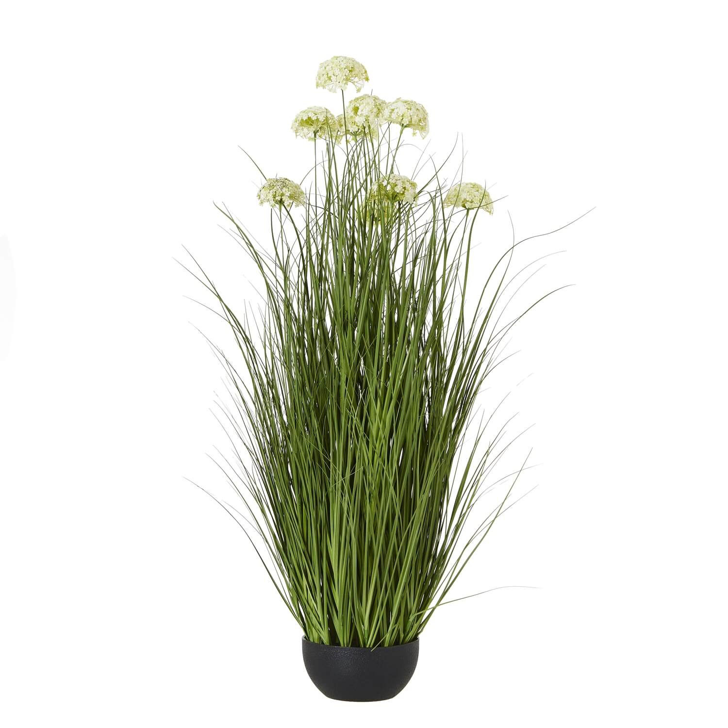 Lifelike white faux Allium plant in black pot, 70cm tall with realistic blooms and green stems for home decor by Sostter at brixbailey.com