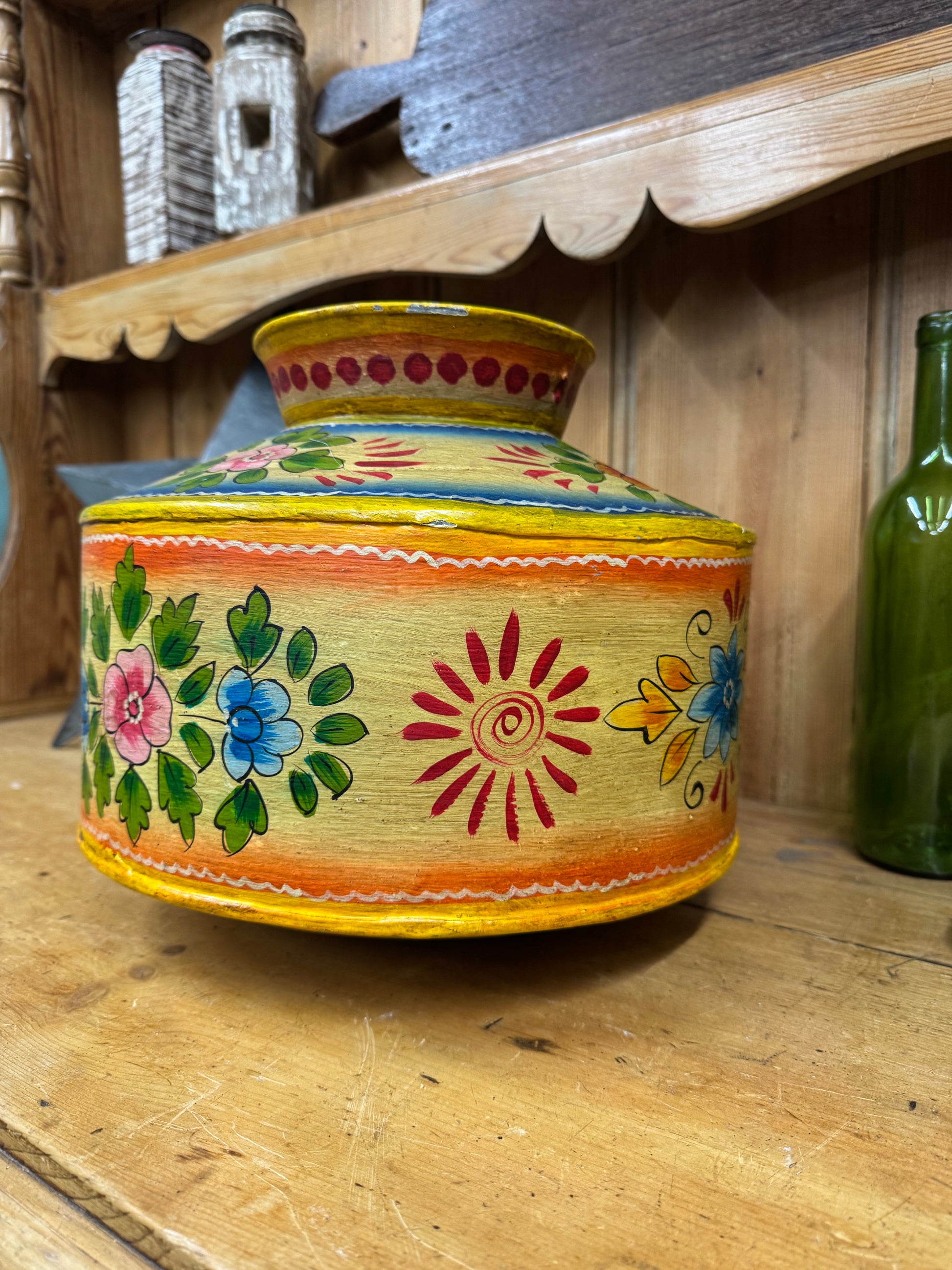 Vintage Painted Indian Water Pot Handmade Metal Vase Rustic Decor