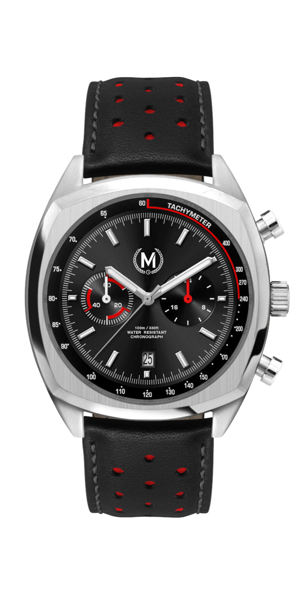 Black and Red Leather Rally Watch Strap with Silver Buckle