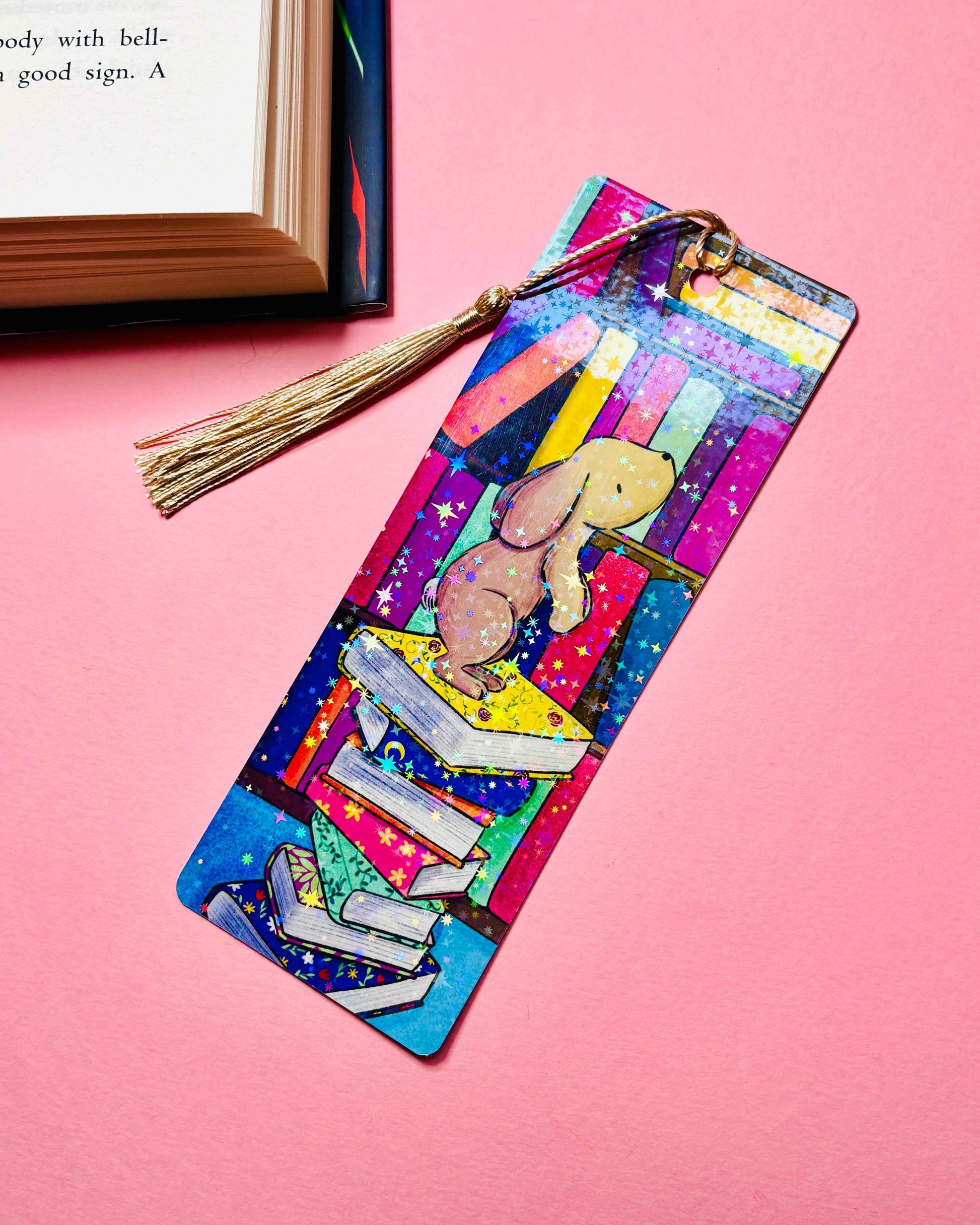 Rainbow Holographic Bookmark with Bunny Illustration