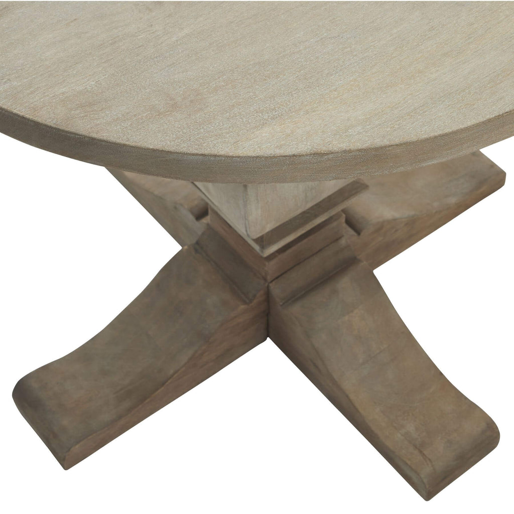 Handcrafted Copgrove side table with bleached wood finish, black iron handles, and French-inspired pedestal base by RoomLondon at brixbailey.com