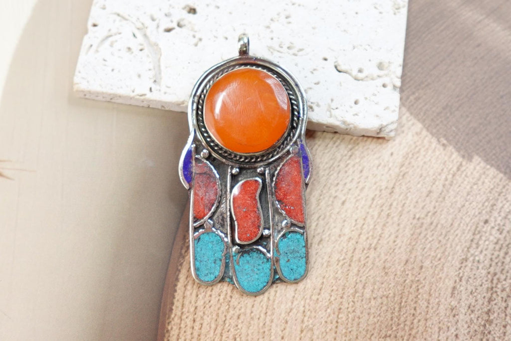 Silver Plated Hamsa Pendant with Gemstones