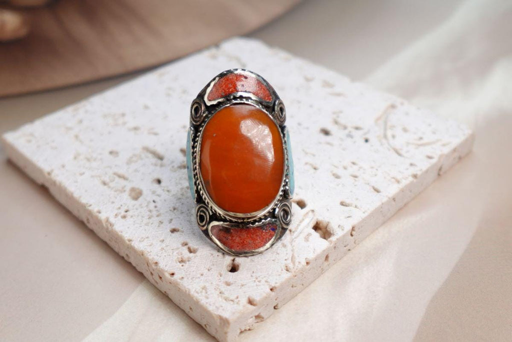 Large Silver Mosaic Rings with Turquoise, Coral and Lapis Inlay