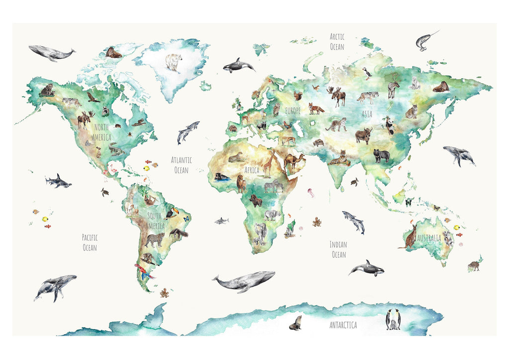 Hand Painted Wildlife World Map Print for Children