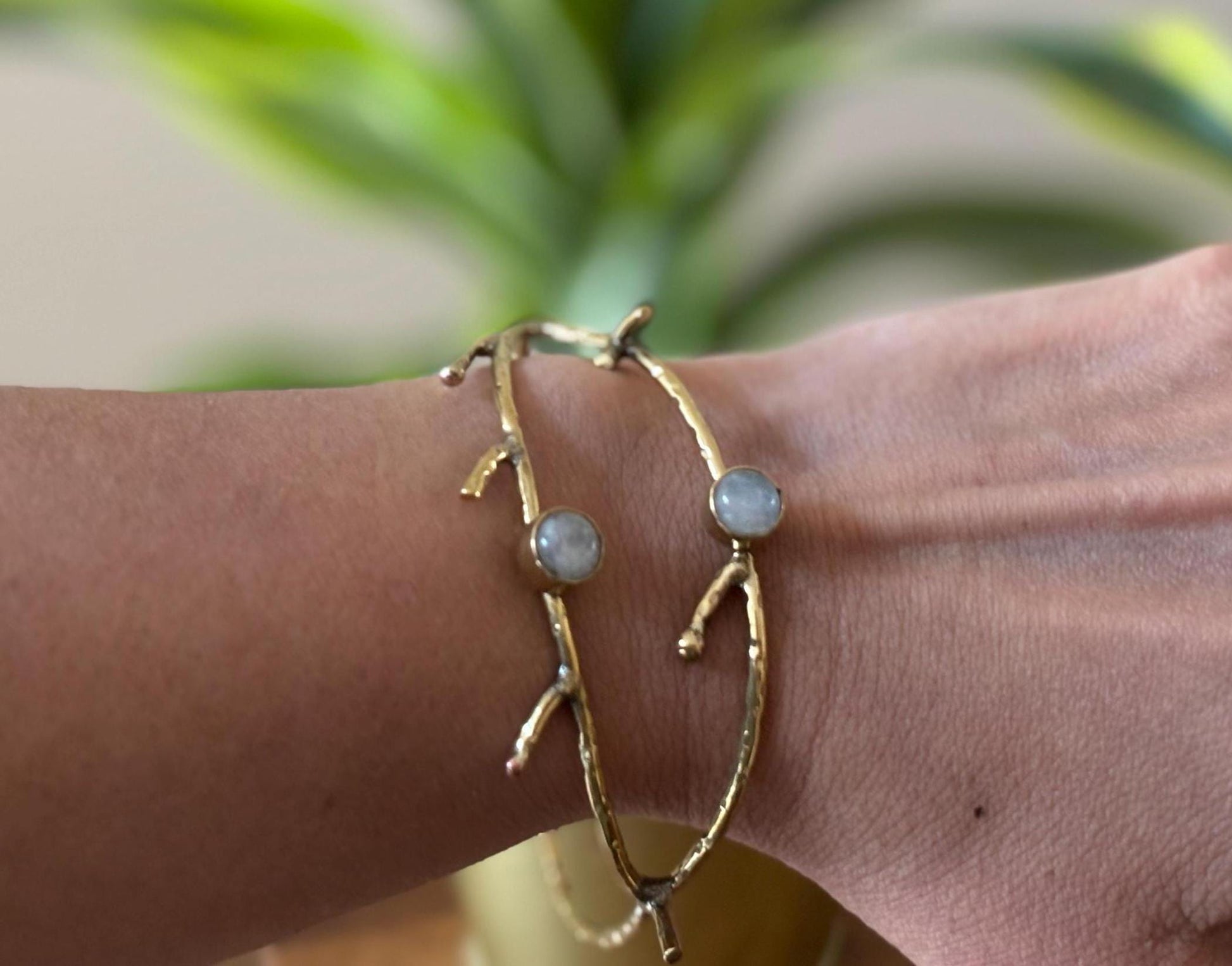 Turquoise Moonstone Twig Open Brass Bangle