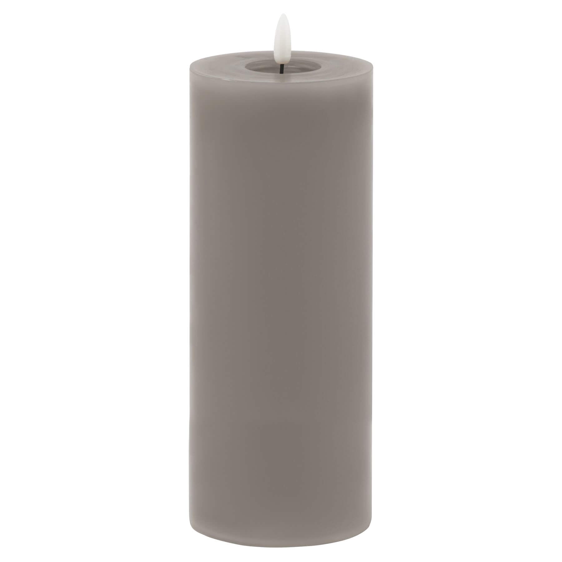 Grey LED wax candle with realistic flickering flame and dripped-wax texture, 23cm tall, battery-operated for safe ambiance (124 chars) by sostter at brixbailey.com