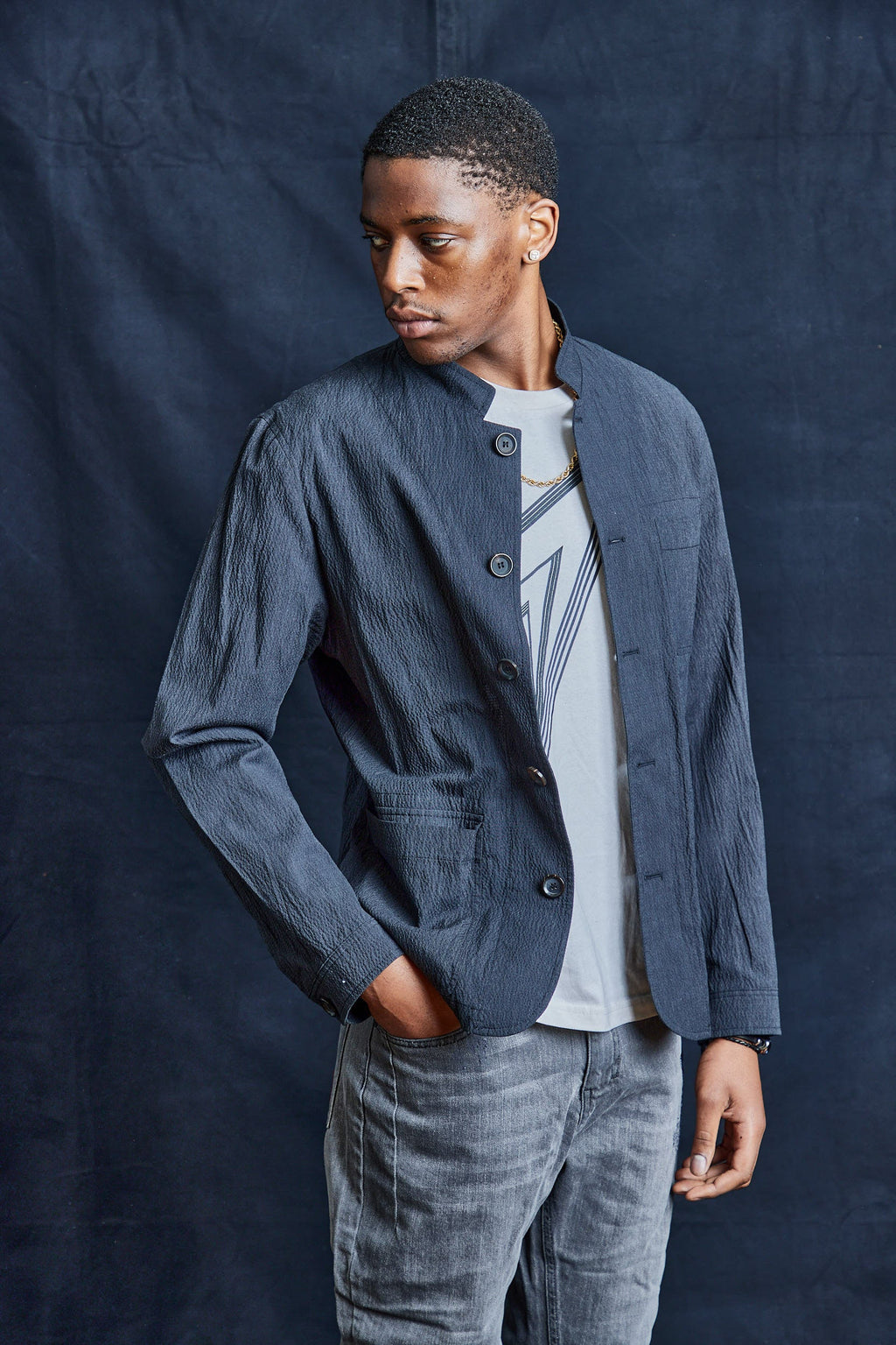 Seersucker Jacket with Mao Collar