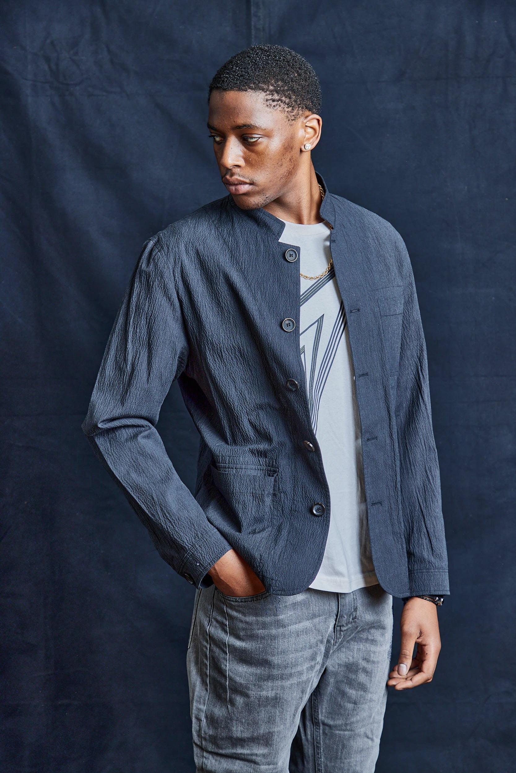 Seersucker Jacket with Mao Collar