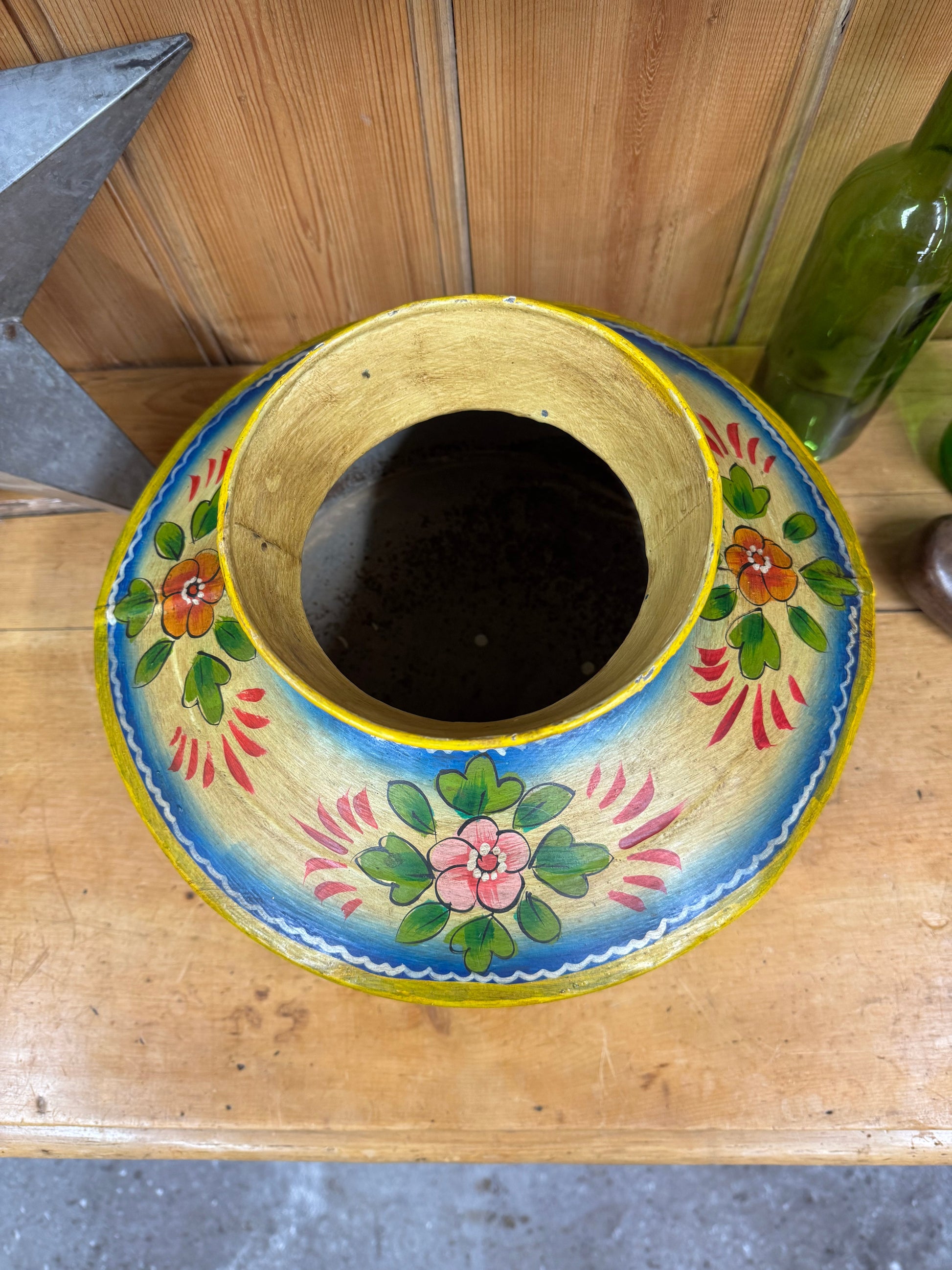 Vintage Painted Indian Water Pot Handmade Metal Vase Rustic Decor