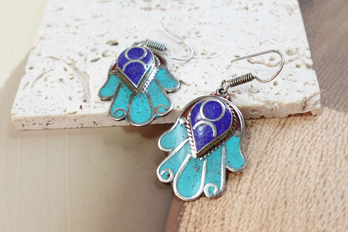 Traditional Tibetan Earrings in Silver, Coral and Amber