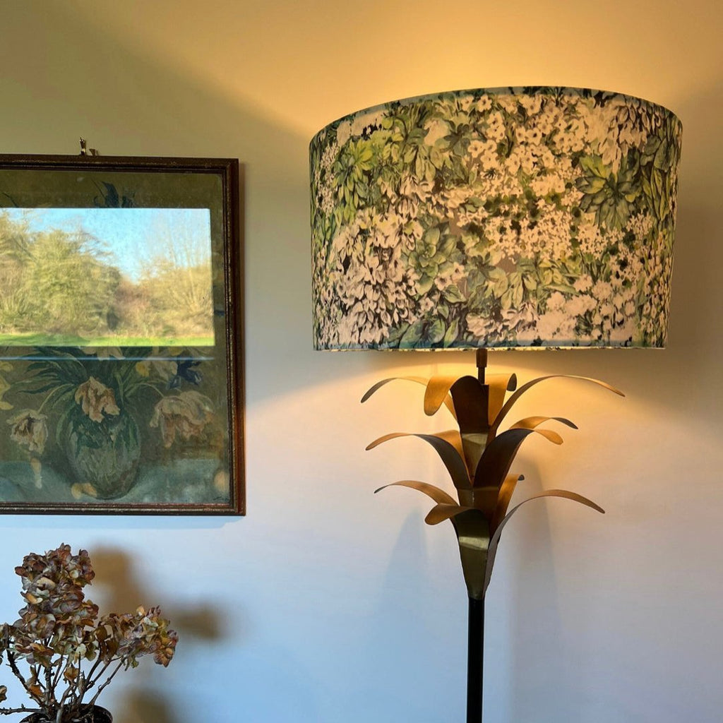 White flowers velvet drum lampshade/ ceiling shade with a white lining