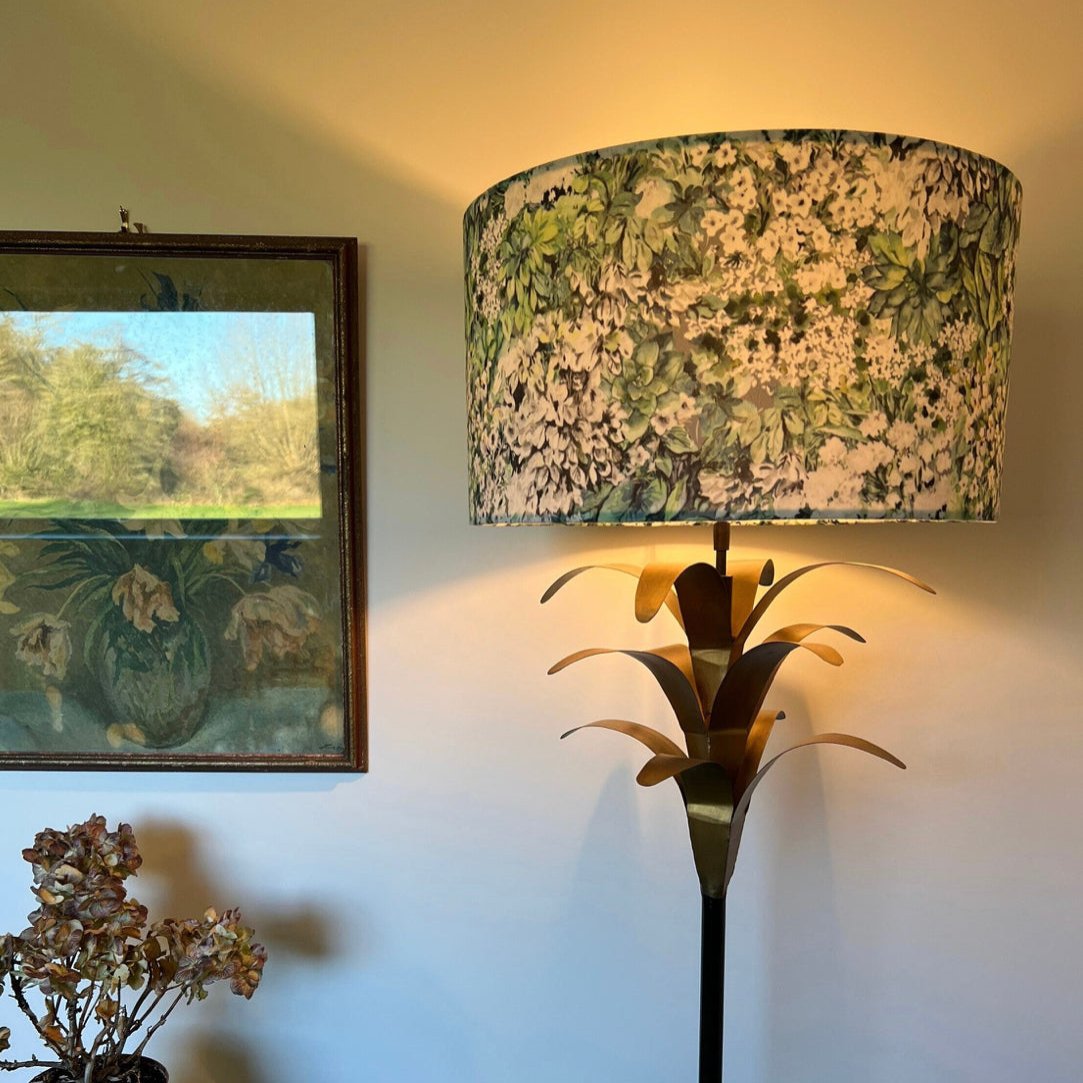 White flowers velvet drum lampshade/ ceiling shade with a white lining